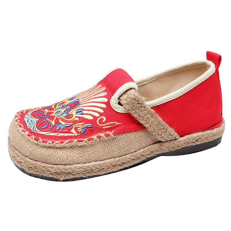 ブラックコットンリネン刺繍生地フラットシューズスプライシングフラット