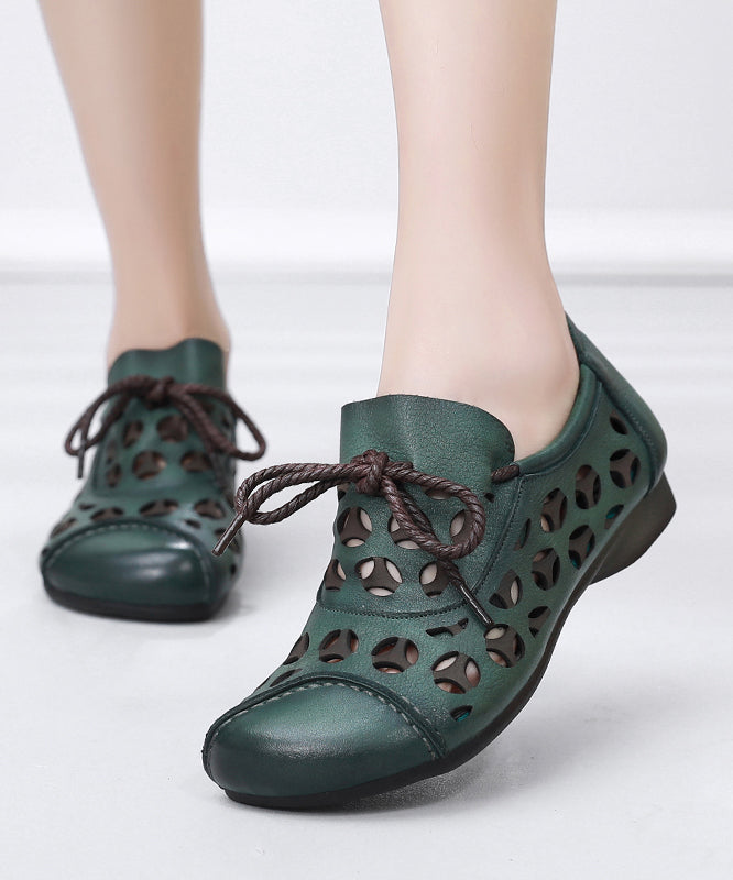 ブラウンフラットシューズ 牛革ファッション 中空レースアップフラットシューズ