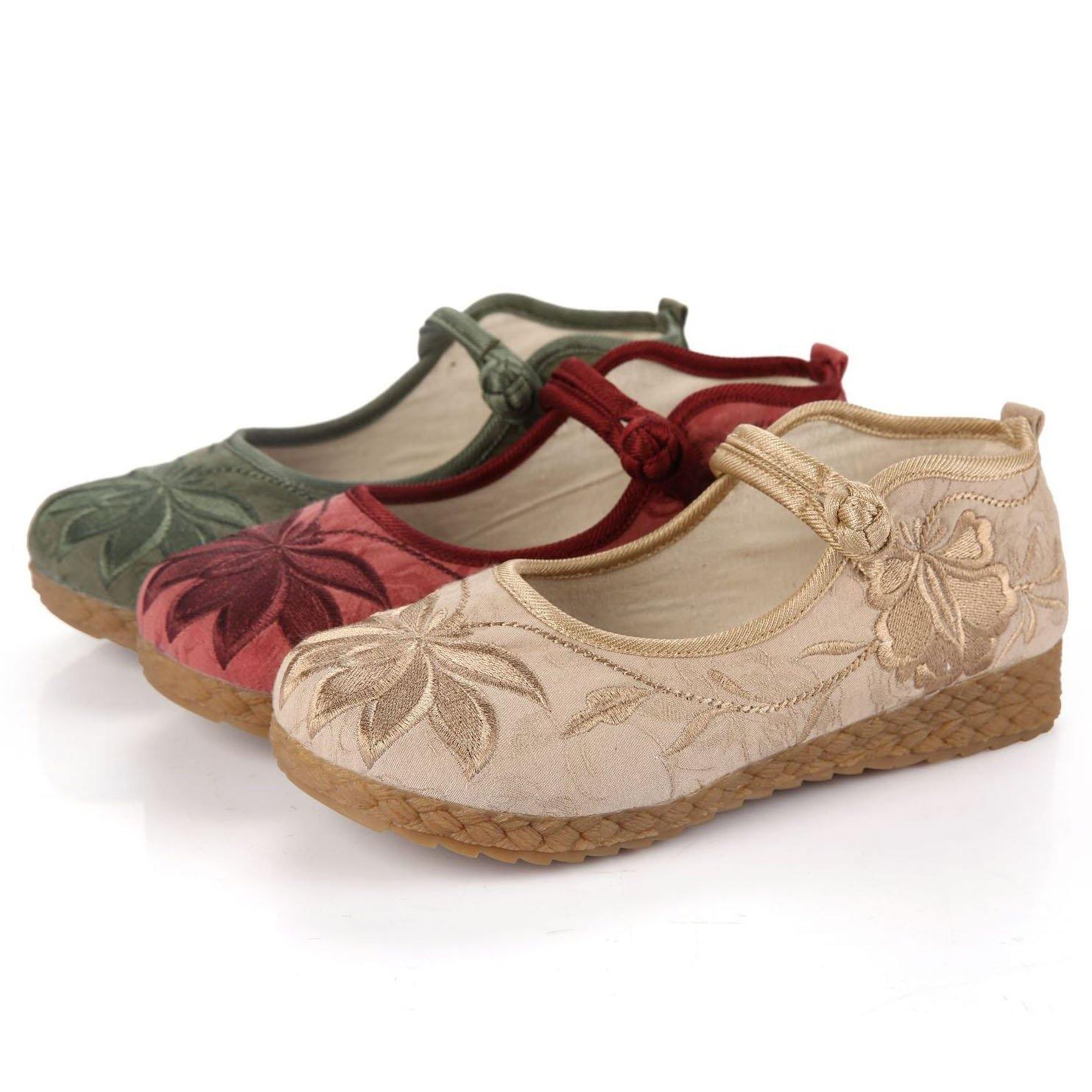 シックなバックルストラップフラットフットシューズ グリーン刺繍コットン生地