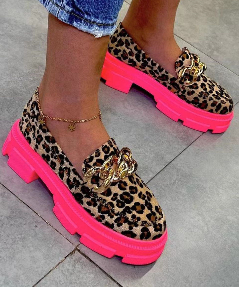 ヒョウ柄フラットシューズ プラットフォーム コットン生地 スパンコール ファインフラットシューズ