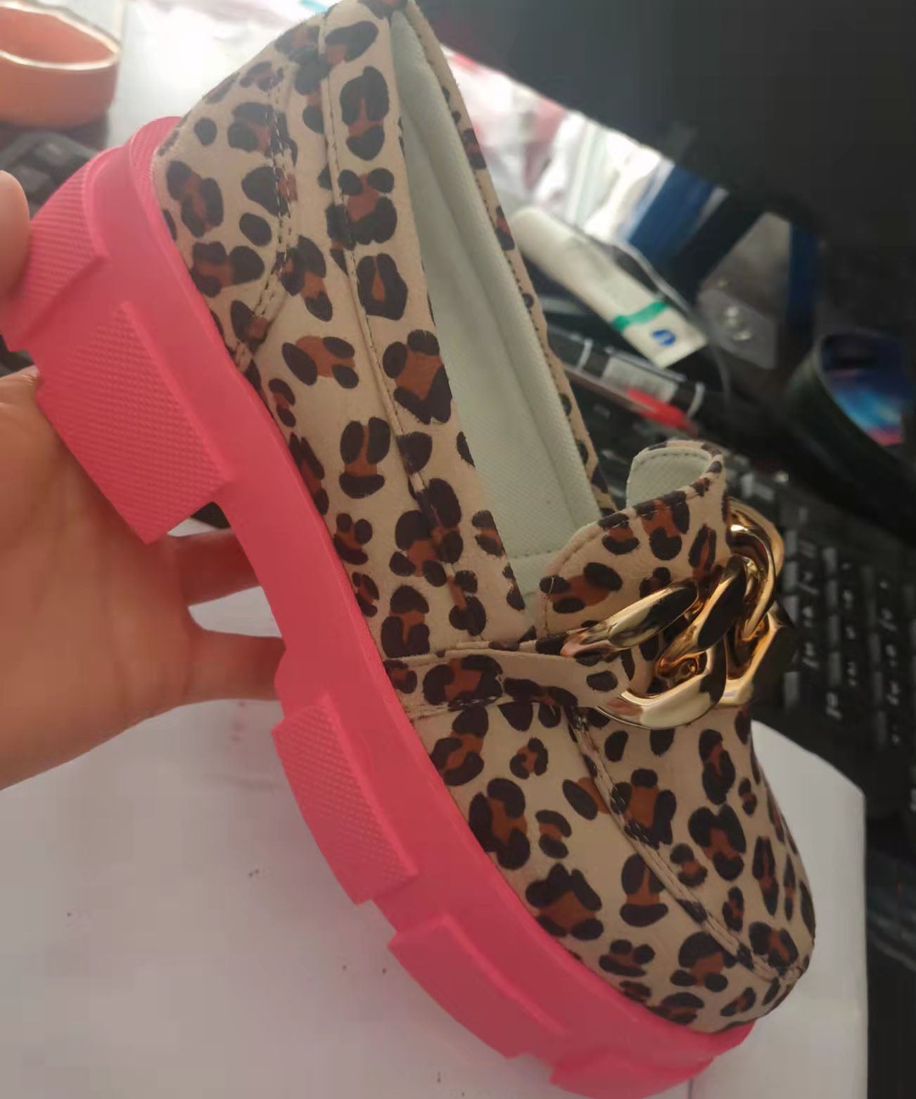 ヒョウ柄フラットシューズ プラットフォーム コットン生地 スパンコール ファインフラットシューズ