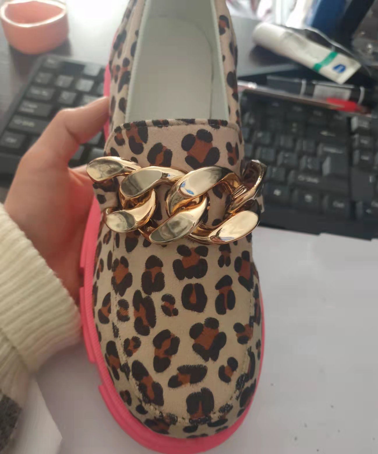 ヒョウ柄フラットシューズ プラットフォーム コットン生地 スパンコール ファインフラットシューズ