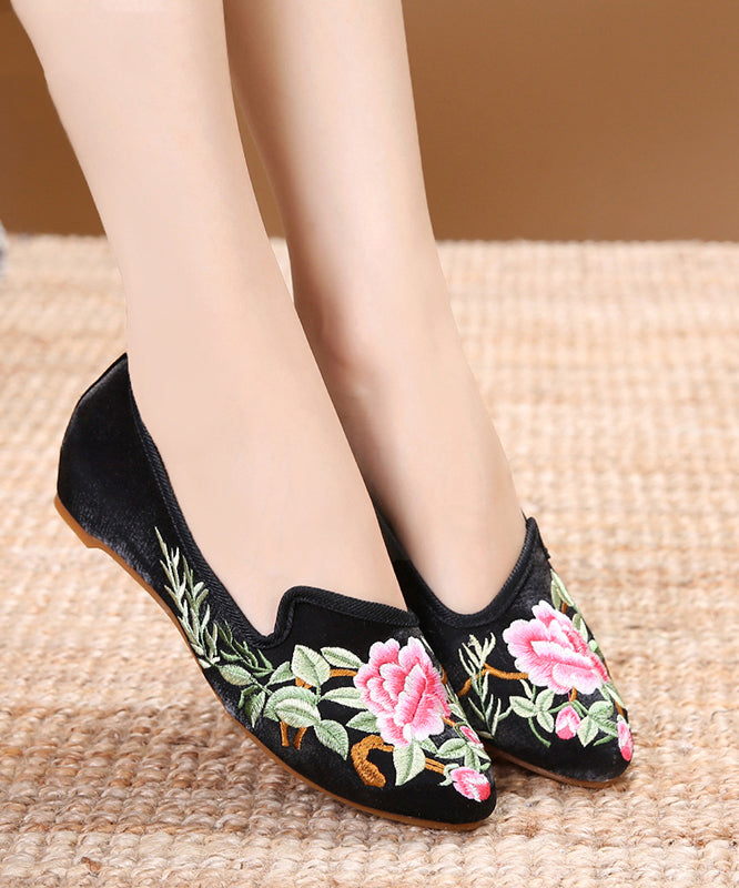 パープルレッドのフラットシューズ、ベロア生地、ユニークな刺繍入りポインテッドトゥフラットシューズ