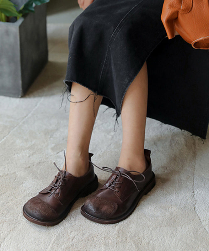 レトロなスプライシングフラットシューズ（レディース） レースアップ チョコレート 牛革 フラットシューズ