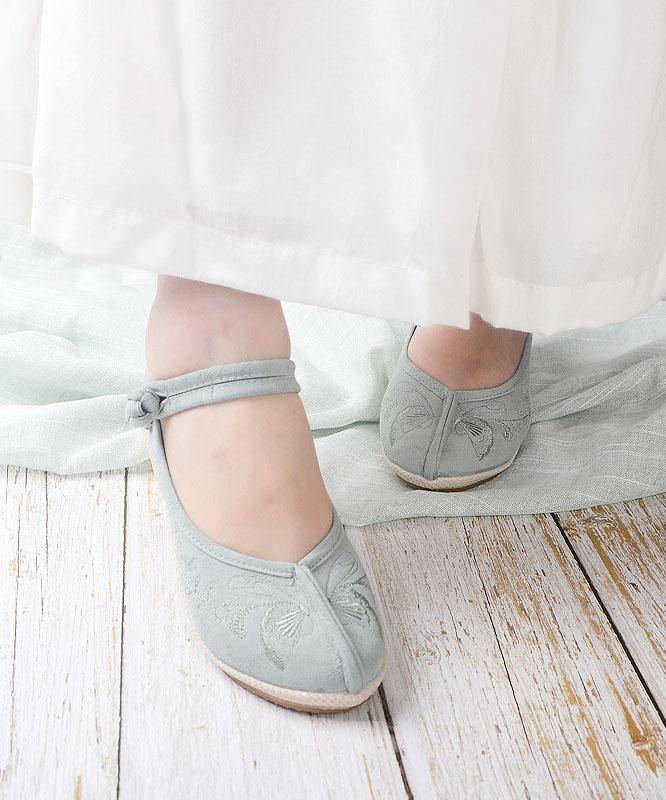 スプライシンググリーンの刺繍入りオリエンタルバックルストラップウェッジハイウェッジヒールシューズ